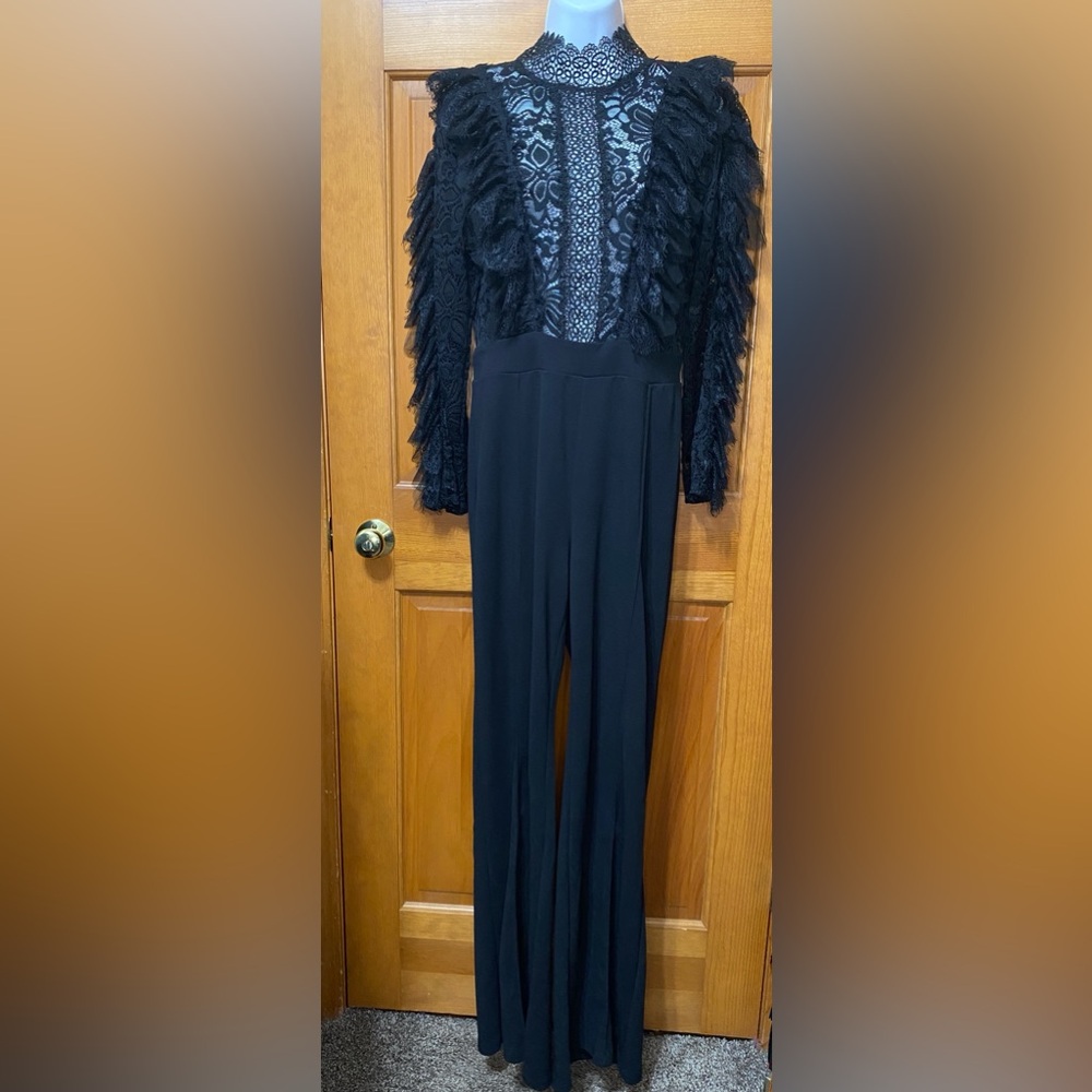 Fashion Nova Black Lace Feather Sleeve High-Waist Jumpsuit - Picture 3 of 5